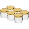 Matala purkki 330ml - kultaisella kannella fi 82/6, 6kpl. ['matala purkki', ' lasipurkki', ' 330ml purkki', ' twist-off kansi', ' hillopurkki', ' säilytysastia', ' kotitekoiset säilykkeet', ' silli purkki', ' salaattipurkki', ' jälkiruokapurkki']