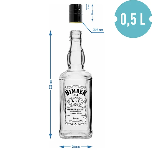 Daniels-pullo 500 ml kierrekorkilla, painatus "Bimber OLD", 1 kpl - 6