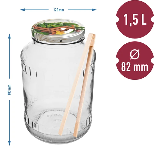 Lasipurkki 1,5 L, fi 82/6 värillisellä kannella + pihdit - 2