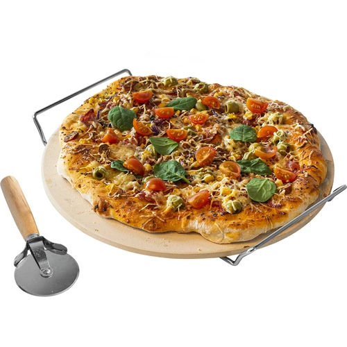 Pizzakivi kahvalla ja veitsellä, kordieriitista, pyöreä 33 cm
