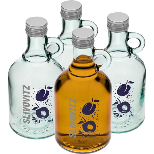 Pullo 0,5 L kierrekorkilla ja 2-värisellä painatuksella Slivovitz - 4 kpl