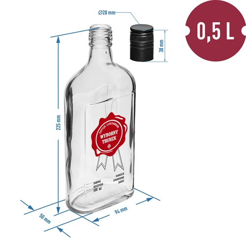 500 ml pullo kierrekorkilla, painatus ”Wyborny Trunek”, 1 kpl - 6