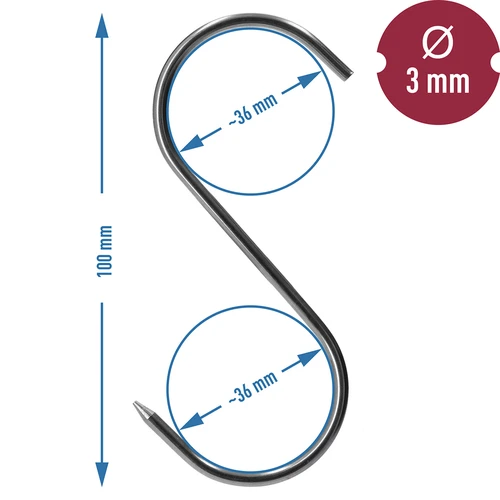 Savustuskoukut – S-malli, teroitetut, 3 mm x 100 mm, 5 kpl - 6