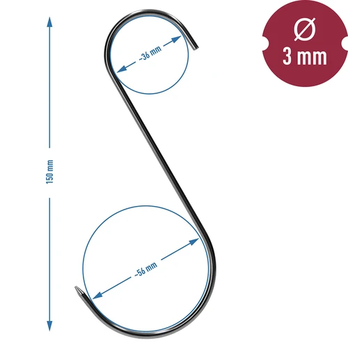 Savustuskoukut – S, teroitettu, 3 mm x 150 mm, 5 kpl - 6