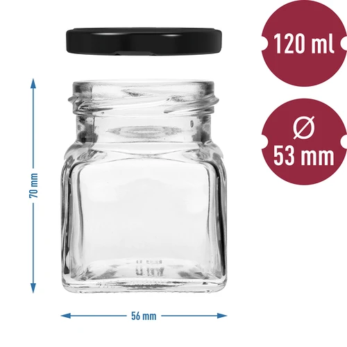 Twist-off purkki 120ml - Neljä kulmaa fi 53 mustalla kannella, 6kpl - 6