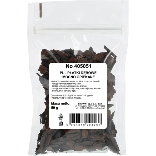 Voimakkaasti paahdetut tammihiutaleet alkoholien aromatisointiin (viski, bourbon, brandy, konjakki, olut), 50 g - 2